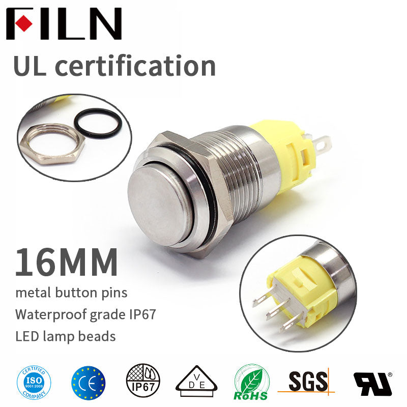 FILN 16 mm Cabeza alta SIN LED Interruptor de botón de metal Interruptor de enganche de tipo largo con 3 pines