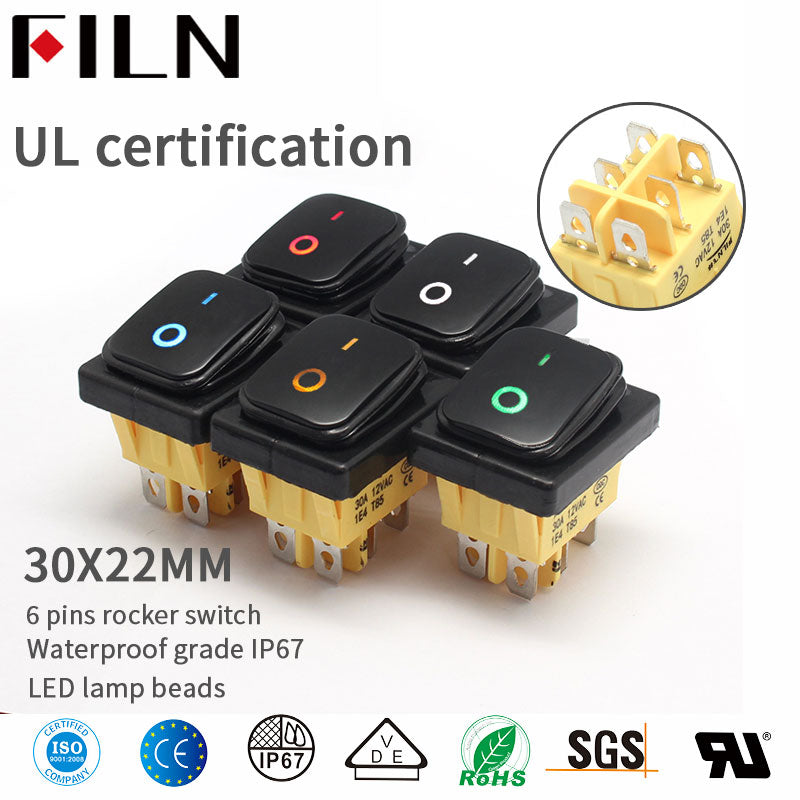 FILN  IP68 KCD4 6PIN Momentary LED Waterproof Rocker Switch