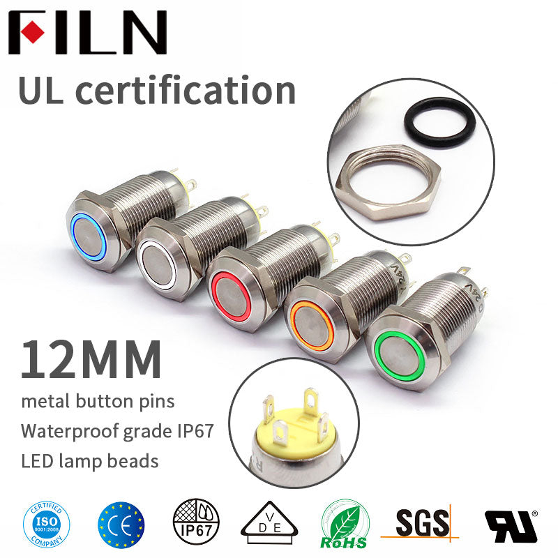 12MM lumière LED rouge 12V 110V interrupteur à bouton-poussoir en métal à verrouillage