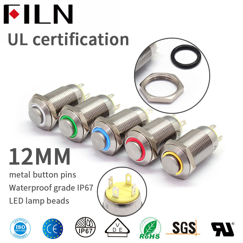 12mm 12V LED momentáneo 2 pines 4 pines 1NO enganche latón niquelado anti vandalismo alto actuador Mini interruptor de botón de Metal