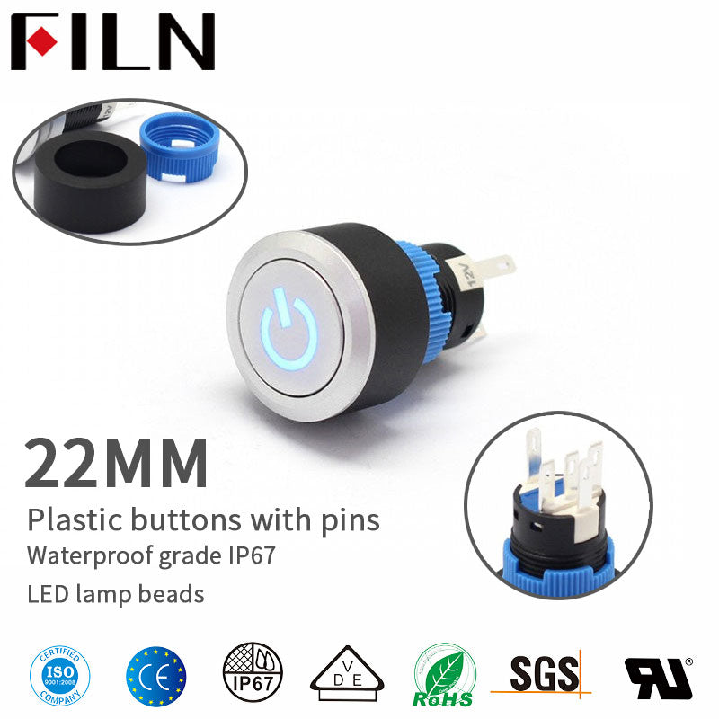 FILN 22mm Illuminé 12V Led Réinitialiser Rond Momentané En Plastique Logo Momentané Commutateur Momentané