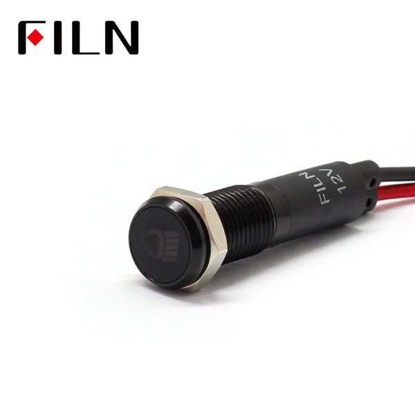 FILN lunette noire FL1M 8mm 12V LED indicateur de tableau de bord en métal avec symbole indicateur de symbole de signal de croisement