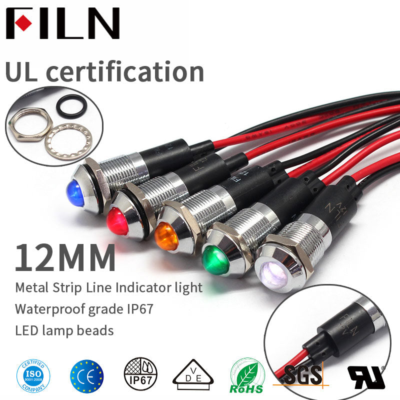 FILN 12MM Convexe Métal Voyant LED Métal LED 12V 24V 110V 220V