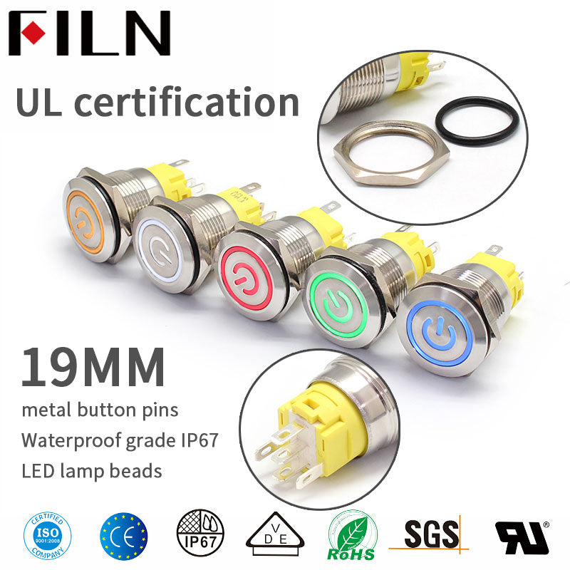 FILN 19mm UL Metal Push Button Switch 6V 12V 24V 110V 220V LED Momentary Latch Stainless Steel anti vandal waterproof  with Power symbol