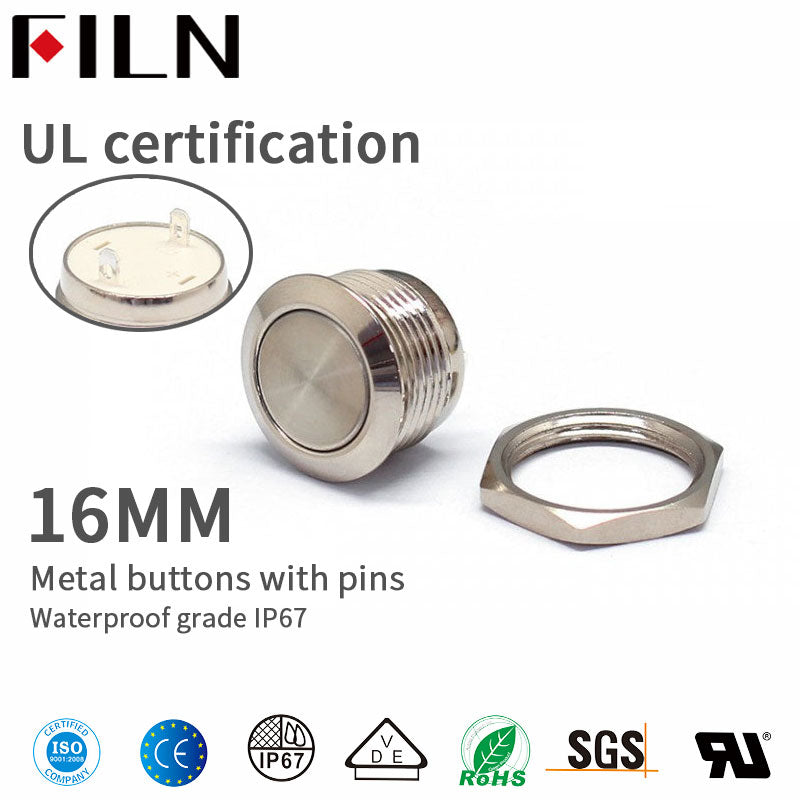 FILN 16mm Waterproof 2Pin Solder Terminal Flat Head Metal Push Button