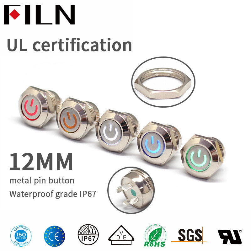 FILN IP67 étanche 12MM 12V 220V Mini interrupteur à bouton-poussoir en métal ON OFF