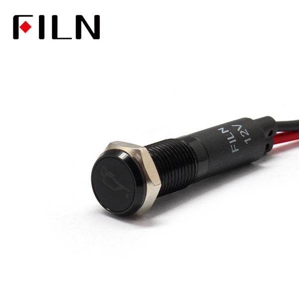 FILN Bisel negro FL1M 8 mm 12 V LED Indicador de metal Luz del tablero con símbolo Indicador de símbolo de señal de aceite de motor