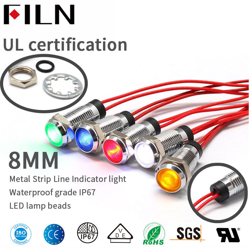 FILN 8MM Metal Indicator Light Custom Short 12V 24V 110V IP67 Oven  With Teflon wire