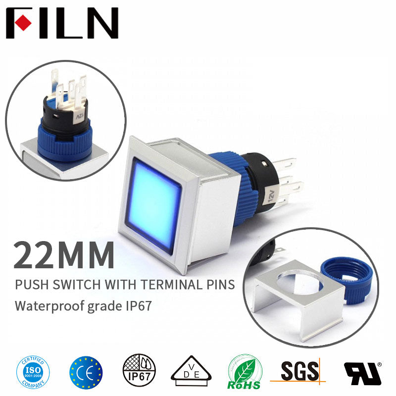 Push Switch With Terminal Pins Waterproof IP67 1no1nc LED Blue Momentary 12V 220V