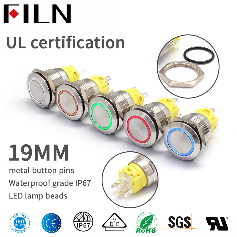 FILN UL 19mm lumière annulaire bouton poussoir interrupteur ON OFF acier inoxydable anti-vandalisme réinitialisation momentanée interrupteur à bouton-poussoir de verrouillage