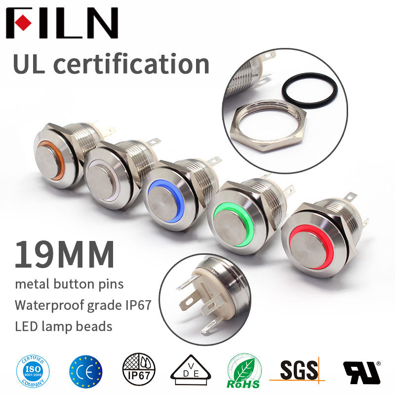 19MM High Large Current 12v 10A Interrupteur à bouton-poussoir en métal