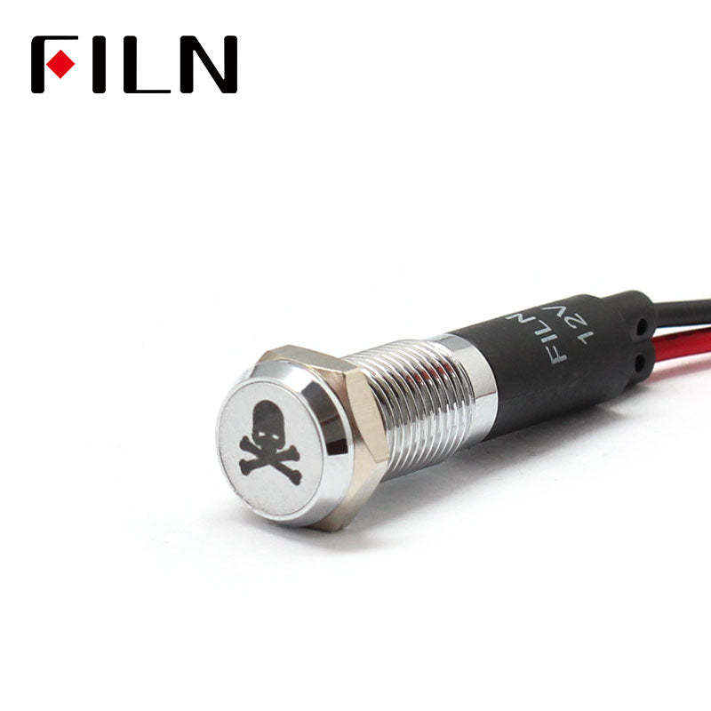 FILN Bisel blanco FL1M 8 mm 12 V LED Indicador de metal Luz del tablero con símbolo Indicador de símbolo de señal de calavera