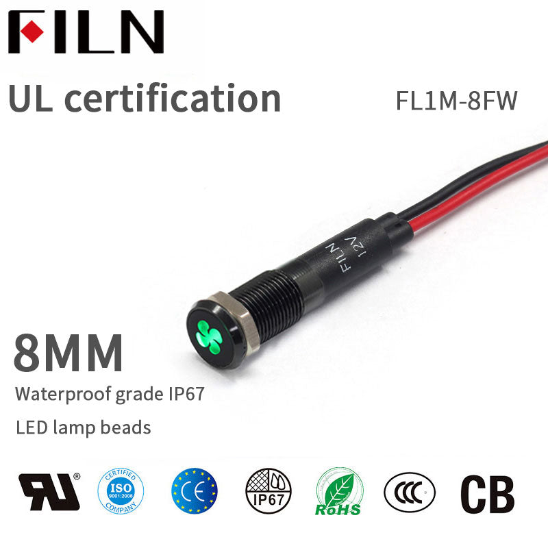 FILN Bisel negro FL1M 8 mm 12 V LED Indicador de metal Luz del tablero con ventilador de símbolo Indicador de símbolo de señal