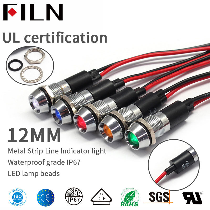 FILN 12mm Metal Indicator Light Concave Head red green yellow blue white led 12V 24V 110V 220v indicator light with 20cm cable