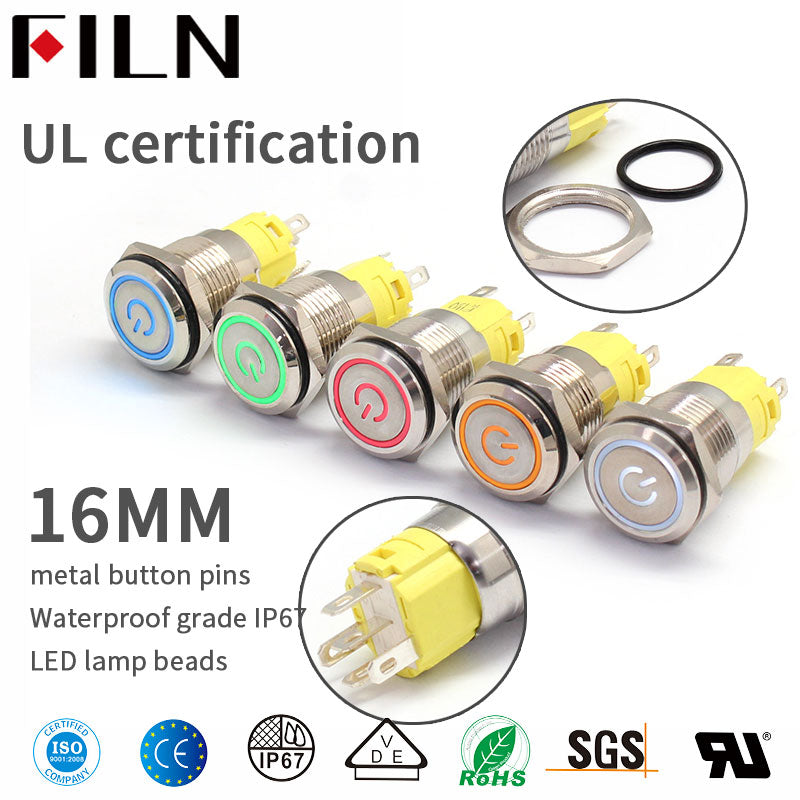 Filn 16mm 6V 12V 110V 220V LED Interruptor de botón a prueba de agua con símbolo de encendido