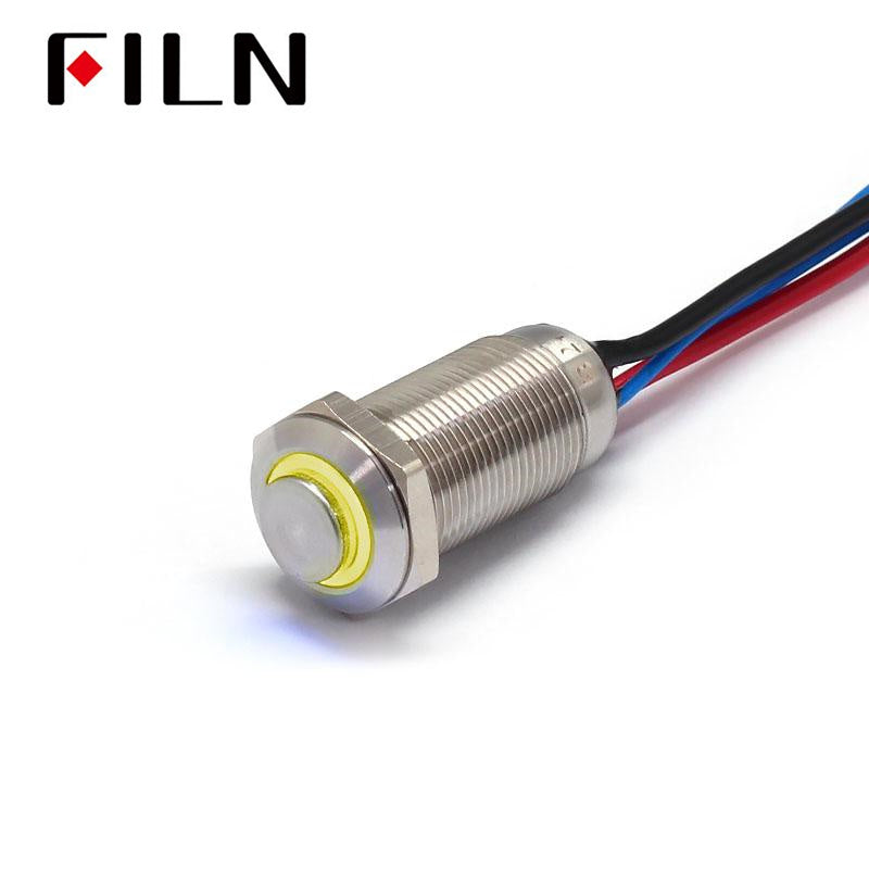 12mm High head Momentary Latching led stainless steel Push Button Switch with wire Yellow